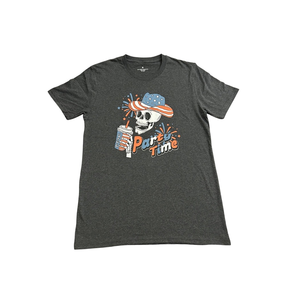 Party Time Skeleton Vintage Graphic T-Shirt Mens Medium Gray USA Hat NWT